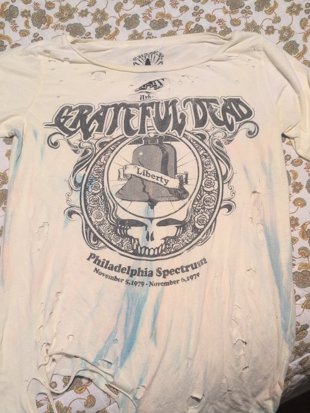 Urban Outfitters Cream Grateful Dead Liberty Bell Graphic Tee with Blue Tie-Dye